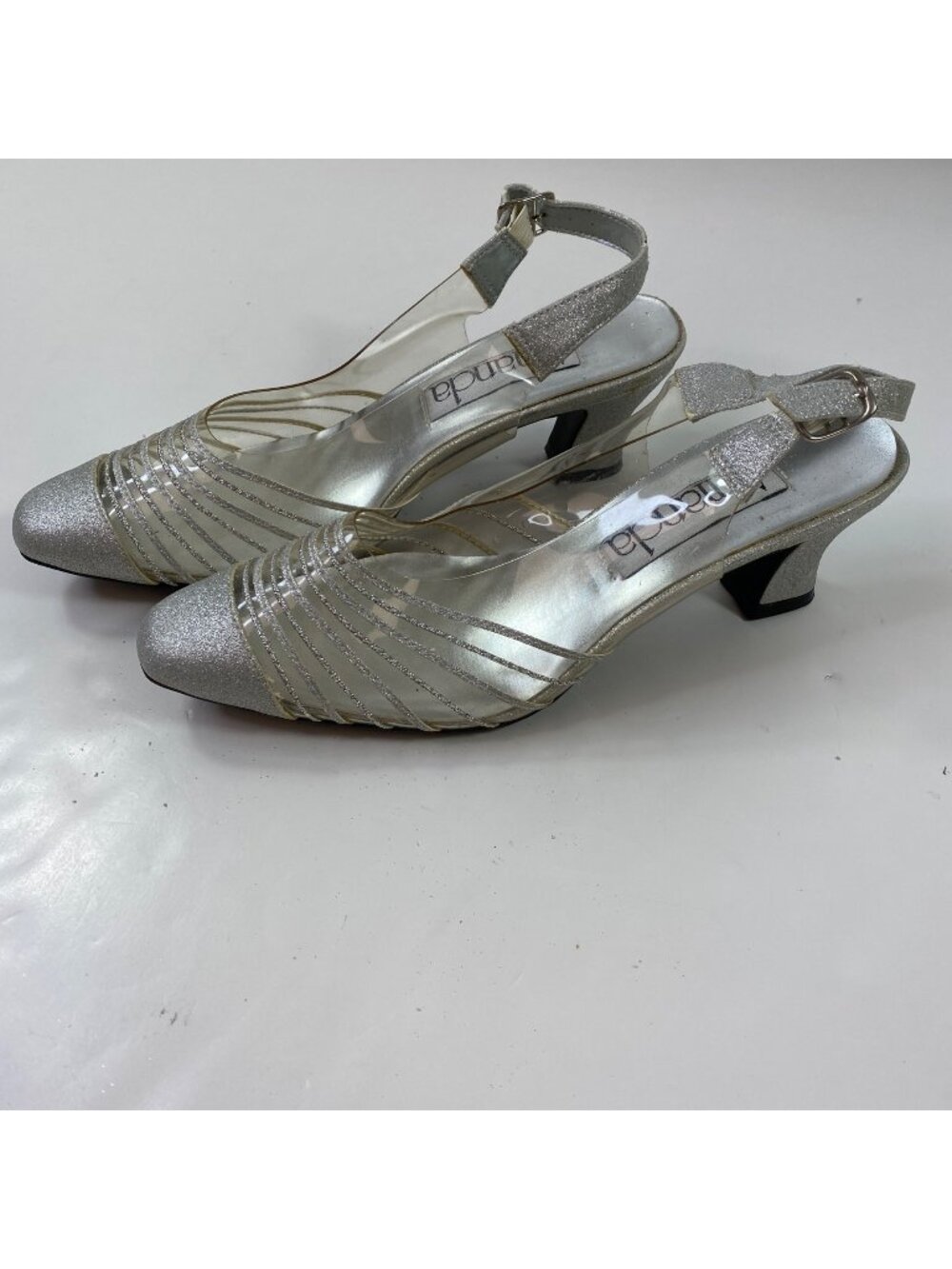Amanda Womens Silver Glitter Slingback 2-Inch Chunky Heels Pumps  Size 9